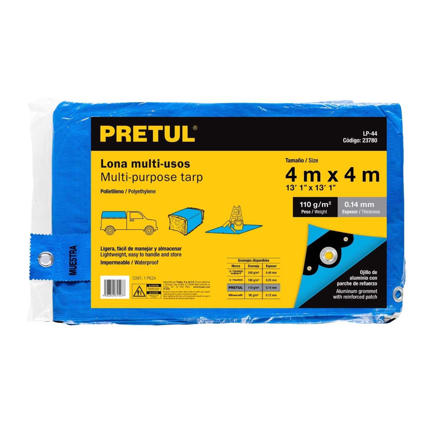 LONA LP44 POLIETILENO 4X4 MTS. AZUL PRETUL