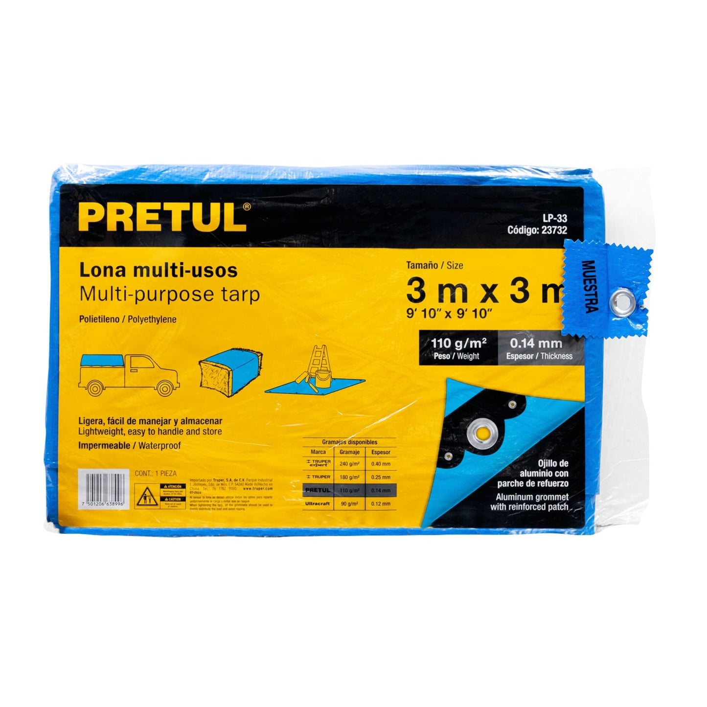 LONA LP33 POLIETILENO 3X3 MTS. AZUL PRETUL